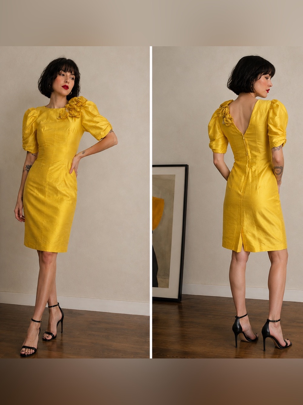 OOAK Vintage Handmade Yellow Shantung Silk Puff Sleeve Rosette Cocktail Dress